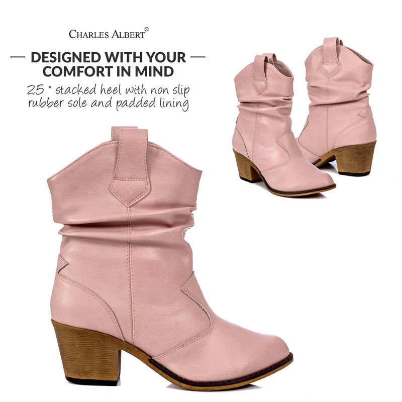 Charles Albert Modern Western Cowboy Boots for Women Ladies Stacked Heel Ankle Cowgirl Boots with Pull-Up Tabs in Blush Size 7 - Image 2
